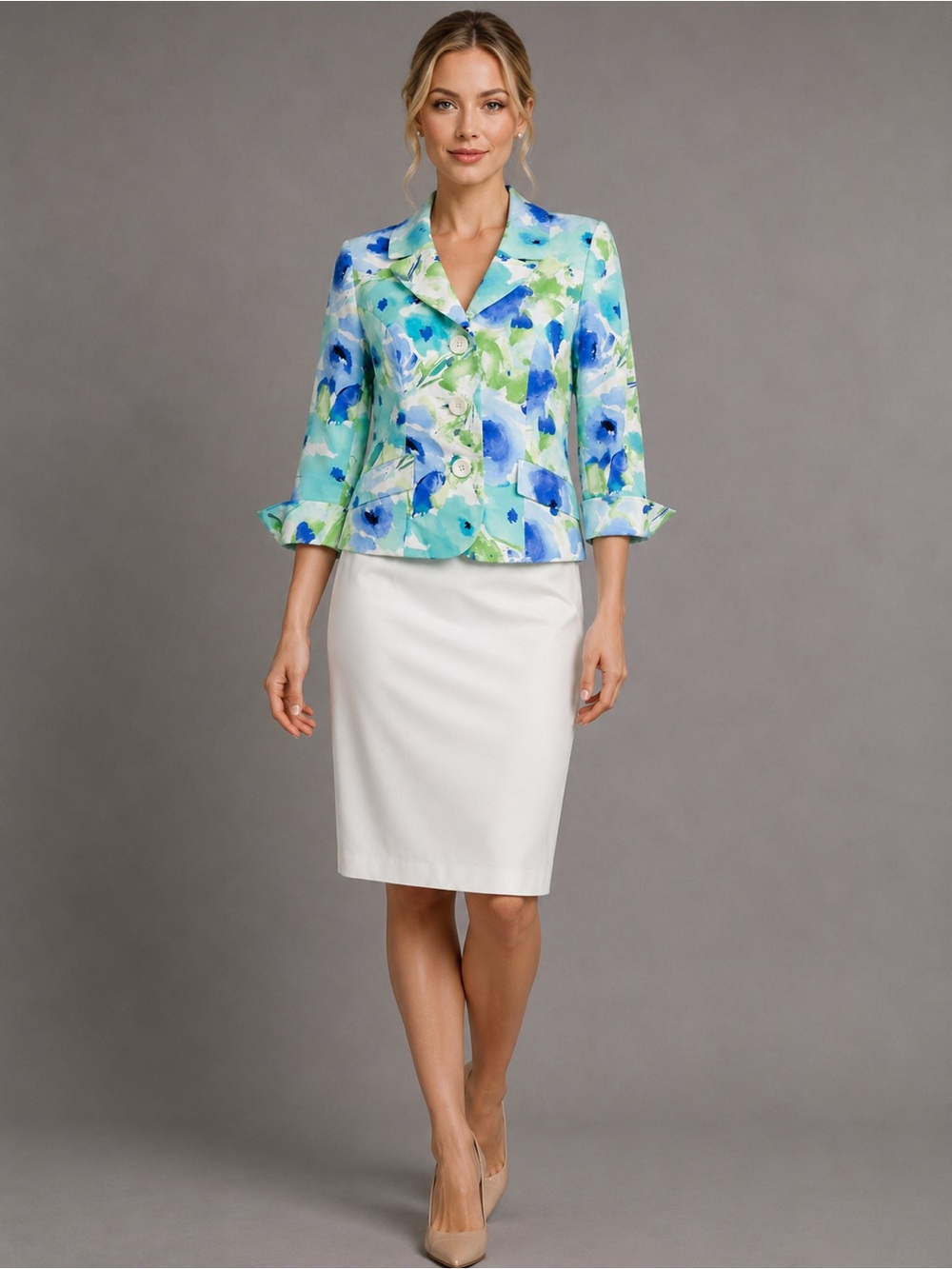 Evan Picone Floral Skirt Suit | Size 8 | Watercolor Jacket & White Skirt Set